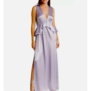 Topshop Silky Satin Lavender Maxi Dress Ruffles Plunge Neckline Side Slit Sz 8